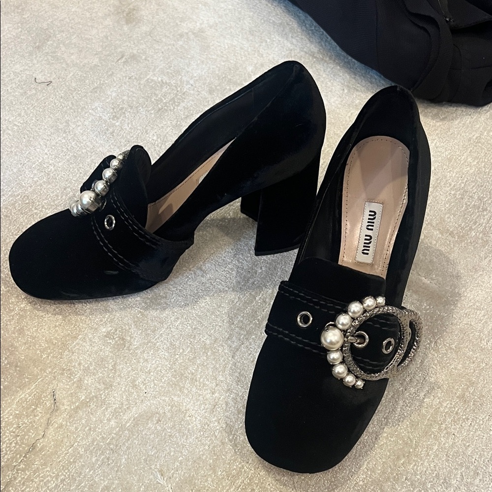 Miu Miu Black Velvet Heels with Pearl Detail